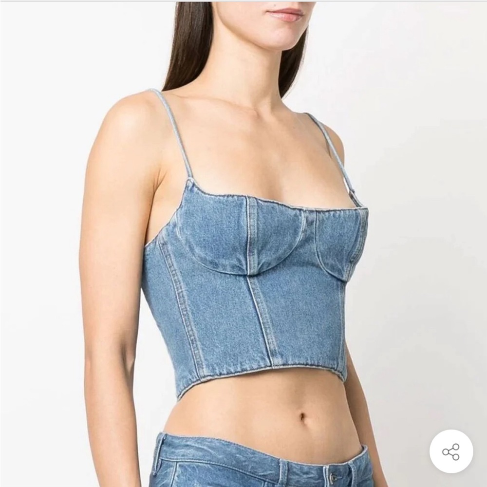 SPAGHETTI STRAP SMOCKED BACK CROPPED BUSTIER DEMIN TANK TOP